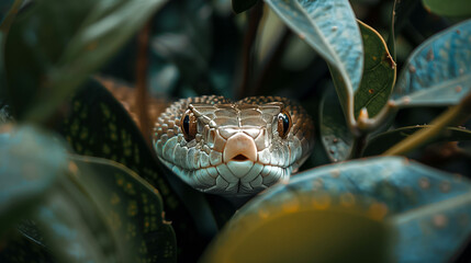 Majestic Snake Peering Through Foliage, Intense Gaze in the Wild