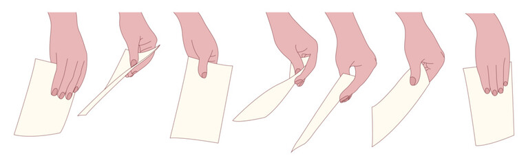 Set of hands with sheets in flat style. Voting people with ballots. A collection of illustrations for the US elections in 2024.