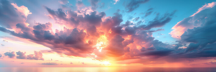 Beatiful sunset sky with clouds, sun, daylight, vanilla sky, sky on fire, blue red orange - obrazy, fototapety, plakaty