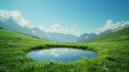 A small lake high in the mountains surrounded by green meadows. Natural background. Illustration for cover, card, postcard, interior design, banner, poster, brochure or presentation.