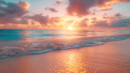 Fototapeta na wymiar Tropical beach sunset seascape horizon vanilla sky clouds sun daylight blue red orange