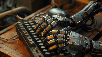Futuristic Robotic Hands Typing on Keyboard, High-Tech Automation Concept
