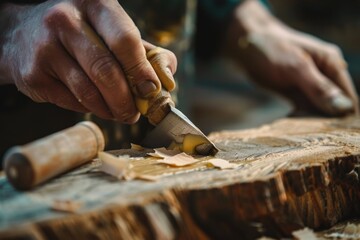 Person cutting wood with a knife. Ideal for woodworking projects - obrazy, fototapety, plakaty
