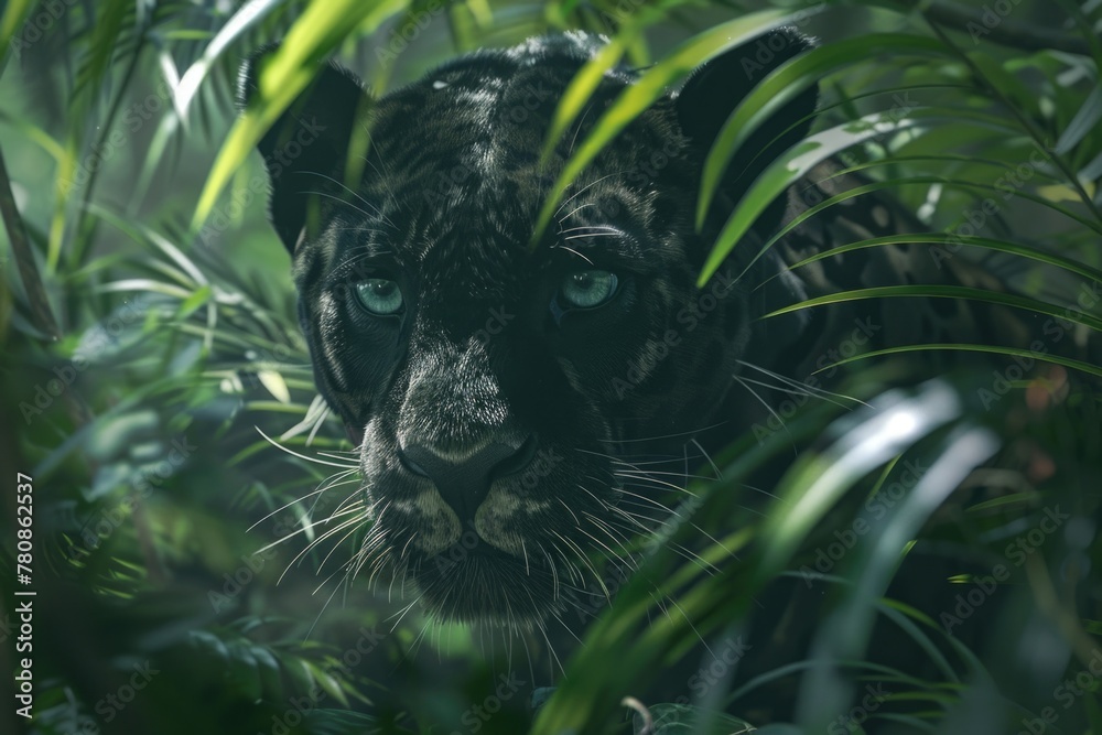 Poster close up of a leopard's face in the jungle. ideal for wildlife and nature themes