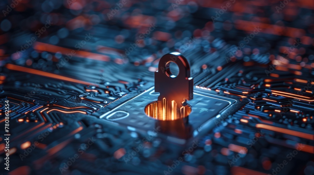 Aufkleber Close up of a circuit board with a padlock, suitable for technology and security concepts
