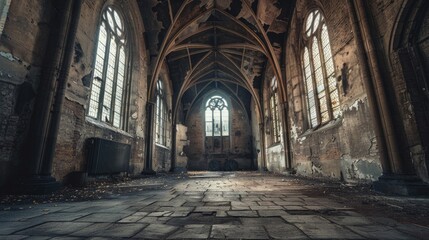 Interior of an old church with a stone floor and large windows. Suitable for religious or historical themed projects