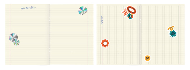A set of sheets torn from a notebook. Lined sheets with stickers attached. Illustration in trendy style.