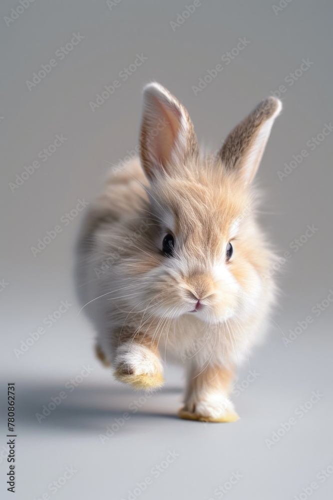 Poster A small rabbit running on a white surface, suitable for various projects