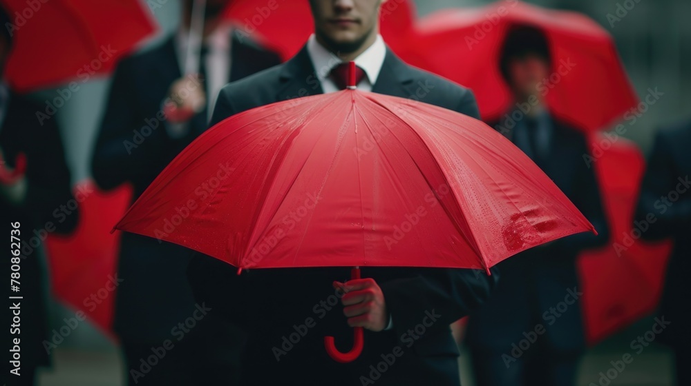 Poster a man in a suit and tie holding a red umbrella. suitable for business and weather concepts