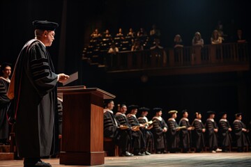 Graduation ceremony at a university with graduates standing on stage receiving their diplomas from the hands of the dean. Ceremonial speech. 