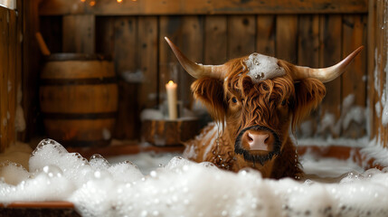 Cozy Cabin Vibes with a Highland Cow in a Bubble Bath, Rustic Wooden Interior
