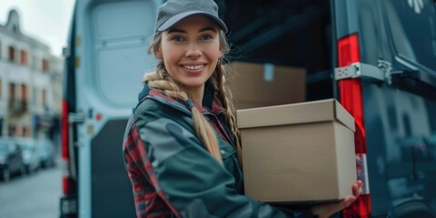 Fototapeta premium A woman holding a box in front of a van, suitable for transportation or delivery concept