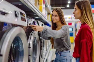 Woman in the electrical store buying a washing machine