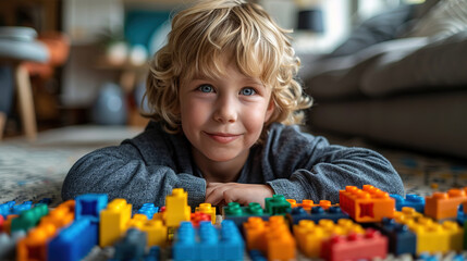 A boy sits on the floor and assembles a construction set. Children are collecting cubes on the floor. - obrazy, fototapety, plakaty