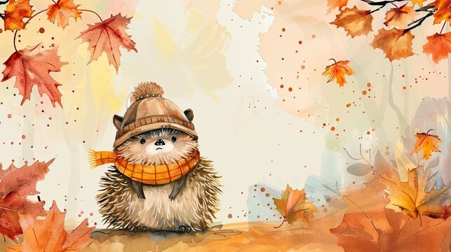 sad watercolor cute little hedgehog wearing a red scarf and hat. The image shows a falling scene with leaves on the ground with copy space