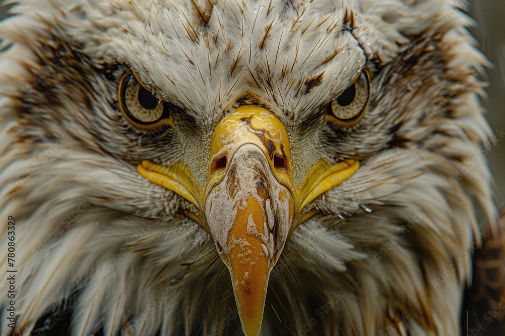 Poster a close up of an eagle's face with a blurry background. suitable for wildlife enthusiasts