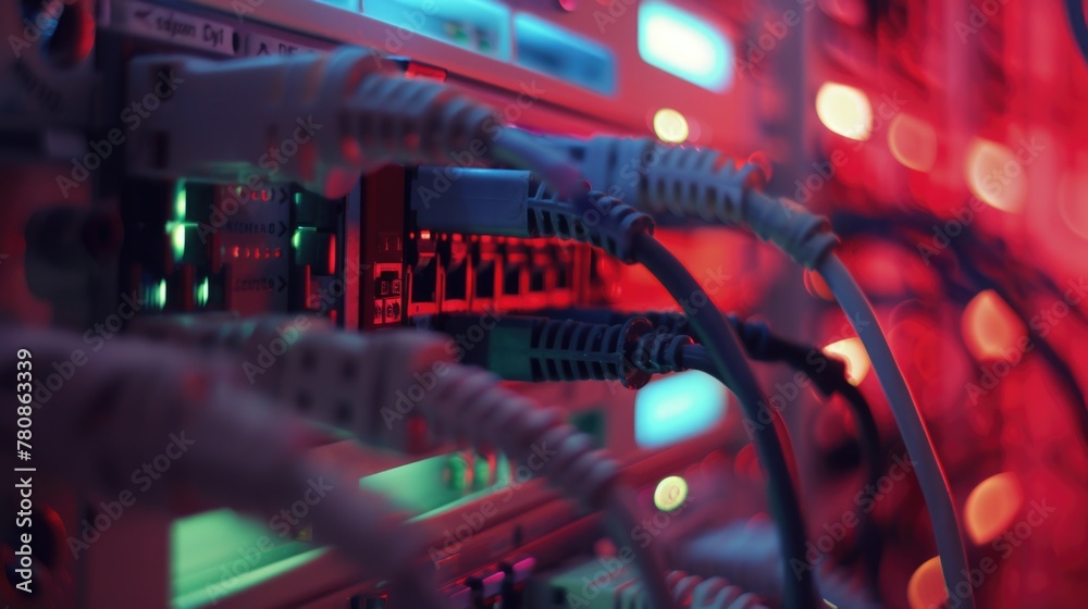 Poster Close up of wires connected to a computer. Suitable for technology concepts