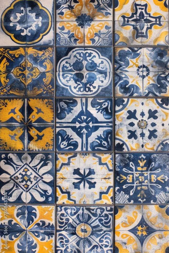 Poster detailed close up of a tiled wall in blue and yellow colors. suitable for architectural design proje