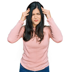Young hispanic woman wearing casual clothes with hand on head for pain in head because stress....