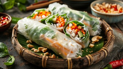 Vietnamese dish Nam ran. Spring rolls in rice paper stuffed with vegetables with rice and chicken inside.