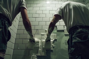 Two men standing together in a bathroom, suitable for lifestyle and hygiene concepts