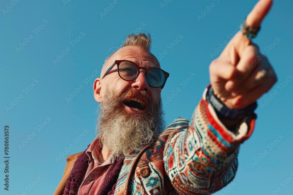 Poster a man with a long beard pointing at something. suitable for business presentations