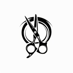 Barber scissors with abstract hairstyle silhouette. Black and white logo design for barbershop and hair salon branding, design and print