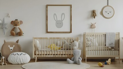 Newborn baby room. Stylish Scandinavian newborn baby room with brown wooden mock up poster frame, toys, plush animal and child accessories