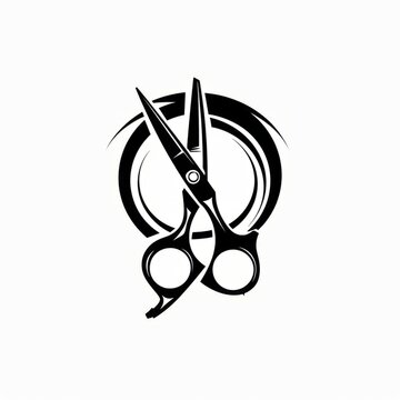 recommend clip art: Barber scissors with abstract hairstyle silhouette. Black and white logo design for barbershop and hair salon branding, design and print