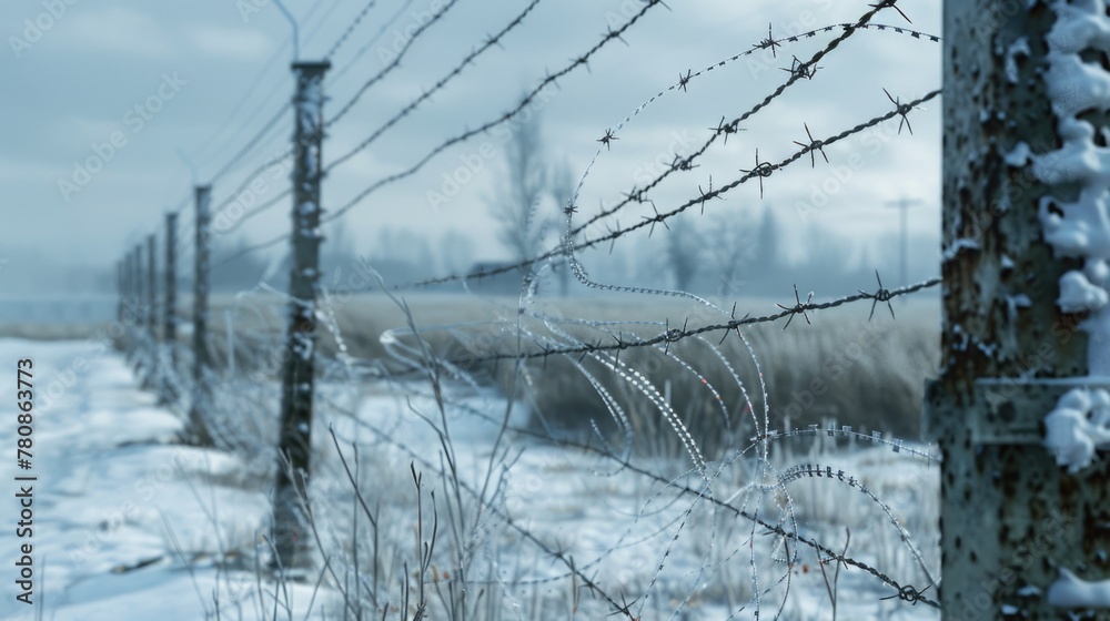 Poster close-up of a barbed wire fence with water droplets. ideal for security or nature concepts
