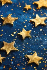 Blue table covered in shiny gold stars, perfect for party decorations
