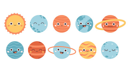 Collection of cute cartoon planets. Solar System. Earth Day, Save planet. Vector illustration in flat style © Amahce
