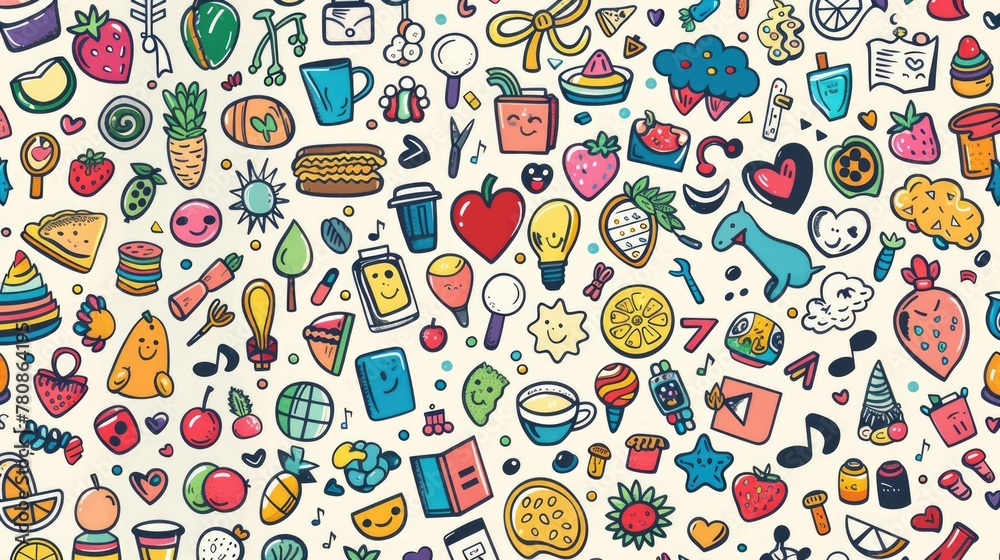 Poster various colored doodles on a white background, versatile for various design projects