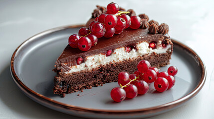 Dessert of chocolate cake with white filling and red berries. Delicious piece of chocolate cake with berries.