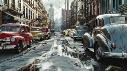 Urban scene with vintage cars, ideal for automotive or city-themed projects