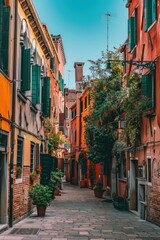 Fototapeta premium A picturesque scene of colorful buildings with green shutters. Ideal for travel and architecture concepts