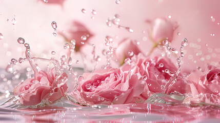 A blooming delicate rose flower emerges from rose water.
