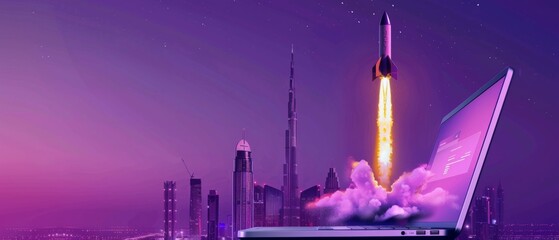 A graphical representation of a rocket launch over a futuristic skyline, potentially illustrating Dubai's progress and aspirations in space exploration and technology advancement. Suitable for article - obrazy, fototapety, plakaty