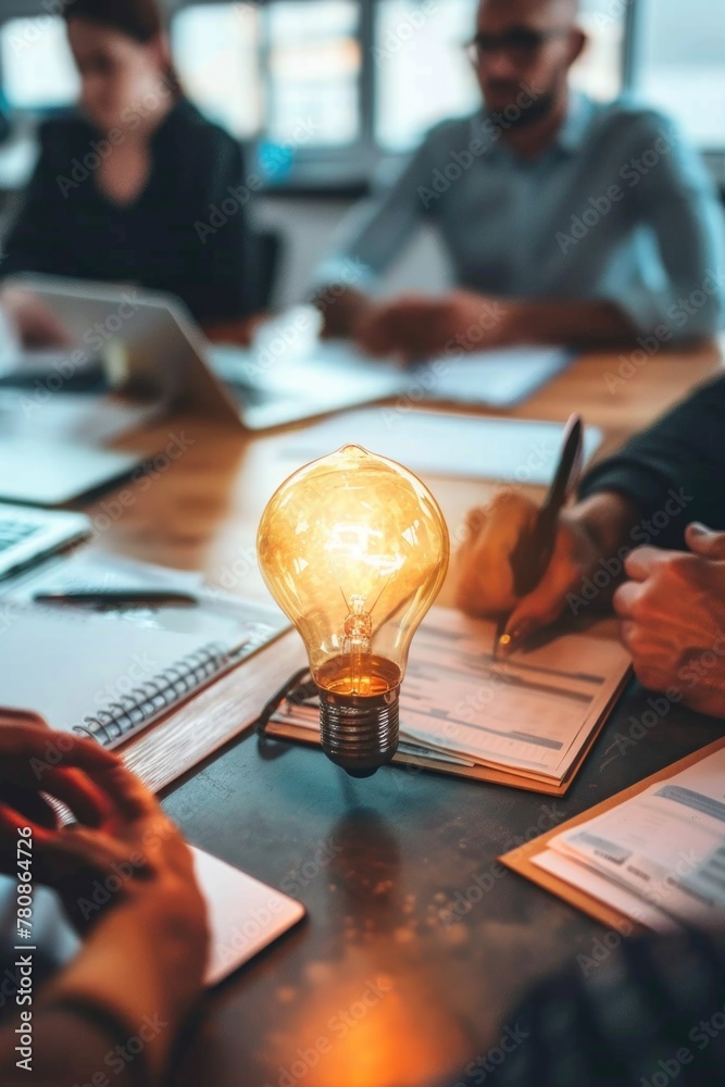 Poster a light bulb resting on a wooden table, suitable for various concepts and designs