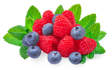 Wild Berries mix isolated on white background. Fresh raspberry, blueberry, mint leaves closeup. Mentha with berries Flat lay, top view.