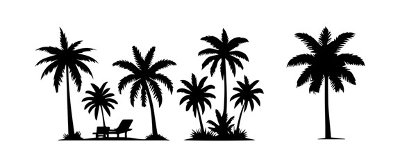 Black palm trees set isolated on white background. Palm silhouettes. Design of palm trees for posters, banners and promotional items. Vector illustration