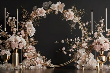 3d circle arch, flowers and vases on the sides, black background, elegant, sophisticated, luxury style, roses, peonies, beige colors, white gold accents