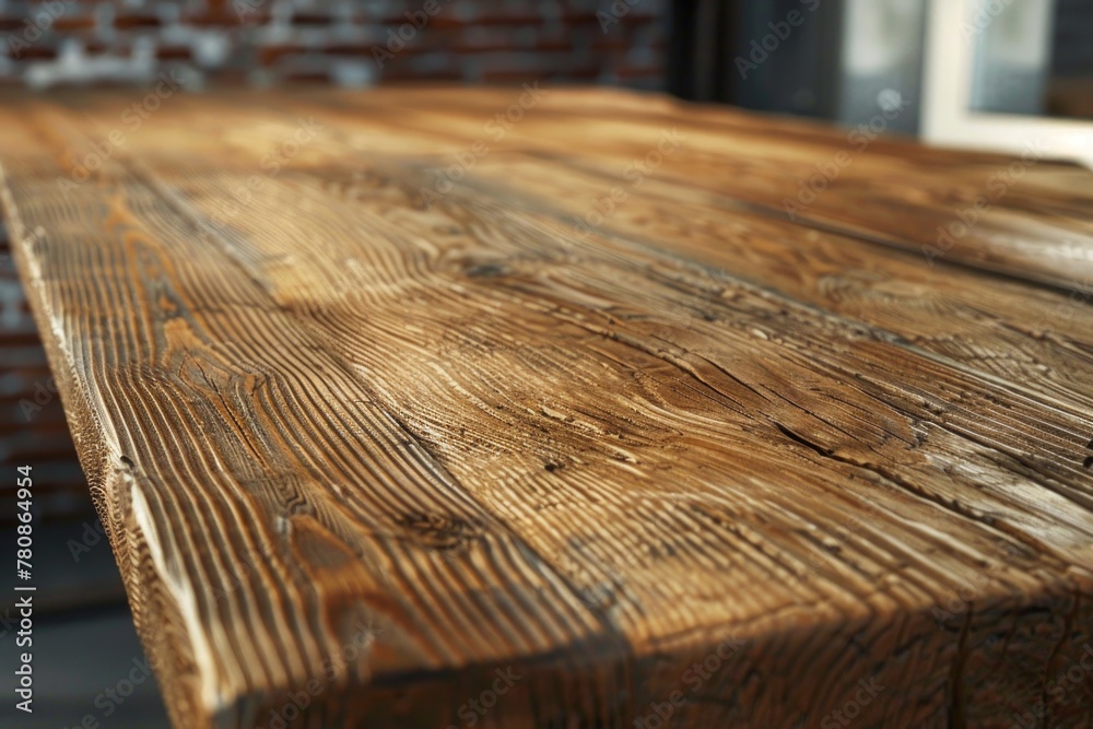 Poster close up view of a wooden table with a brick wall in the background. ideal for interior design conce