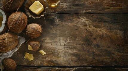 A wooden table with a bowl of butter and nuts, perfect for food blogs or recipe websites
