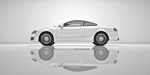 A sleek white sports car parked on a shiny reflective surface. Suitable for automotive industry...