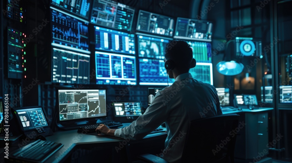 Aufkleber a man sitting at a desk with multiple monitors. ideal for technology or office concept