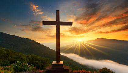 Resurrection, Christian cross with sunset background, Jesus Christ.