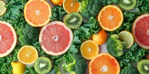 A variety of fruits and vegetables including oranges, kiwi, and broccoli. Suitable for healthy...