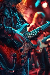 Obraz premium A man playing a guitar on stage at a concert. Perfect for music events promotion