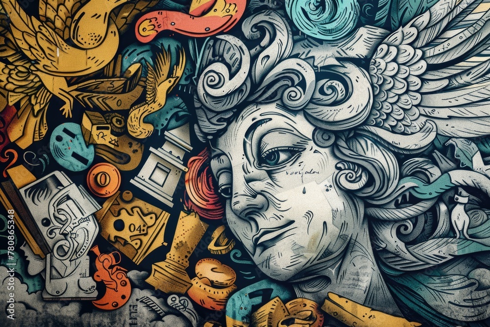 Poster detailed drawing of a woman's face with various objects around her. can be used for graphic design p